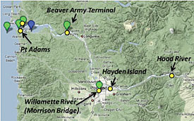 Figure 1. The Columbia River system with observatory endurance stations (green balloons) and chytrid sampling sites (yellow circles). 